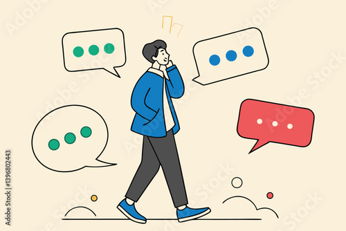 Verbal or oral communication skill, storytelling or explanation, public speaking, talking or discussion, telling message or speech concept, confidence businessman talking with multiple speech bubbles.