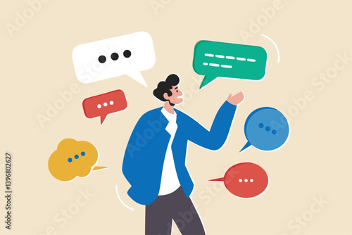 Verbal or oral communication skill, storytelling or explanation, public speaking, talking or discussion, telling message or speech concept, confidence businessman talking with multiple speech bubbles.