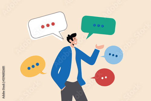 Verbal or oral communication skill, storytelling or explanation, public speaking, talking or discussion, telling message or speech concept, confidence businessman talking with multiple speech bubbles.