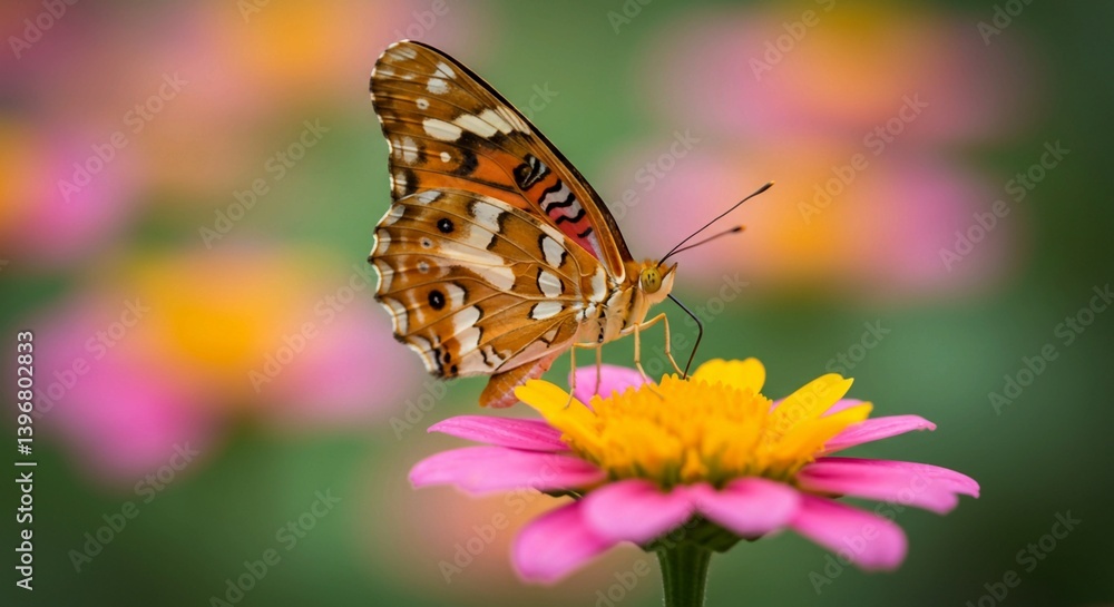 Against a soft floral bokeh background, an orange and brown patterned butterfly is delicately perched on a vibrant pink and yellow flower, likely feeding Against a soft floral bokeh background, an orange and brown patterned butterfly is delicately perched on a vibrant pink and yellow flower, likely feeding