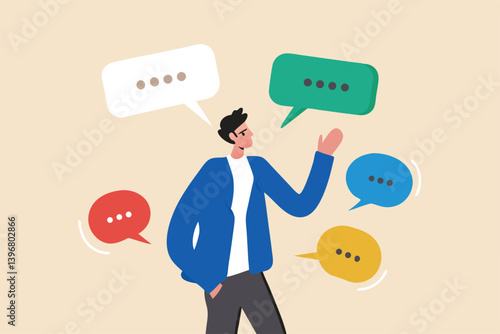 Verbal or oral communication skill, storytelling or explanation, public speaking, talking or discussion, telling message or speech concept, confidence businessman talking with multiple speech bubbles.
