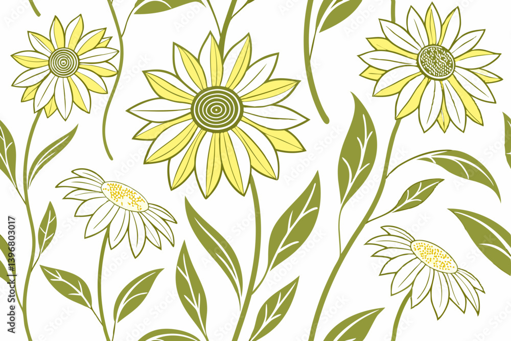 Fototapeta premium Organic sunflower silhouettes with hand drawn leaves and stems, botanical vector for eco-friendly branding and rustic-themed decor
