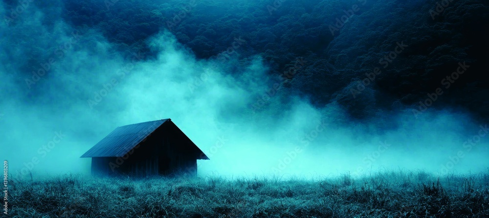 Haunted house with misty blue smoke. Eerie horror mystery atmosphere. Generative AI technology.