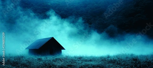Obraz na płótnie Haunted house with misty blue smoke. Eerie horror mystery atmosphere. Generative AI technology. w salonie
