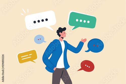 Verbal or oral communication skill, storytelling or explanation, public speaking, talking or discussion, telling message or speech concept, confidence businessman talking with multiple speech bubbles.