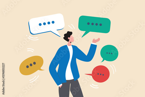 Verbal or oral communication skill, storytelling or explanation, public speaking, talking or discussion, telling message or speech concept, confidence businessman talking with multiple speech bubbles.