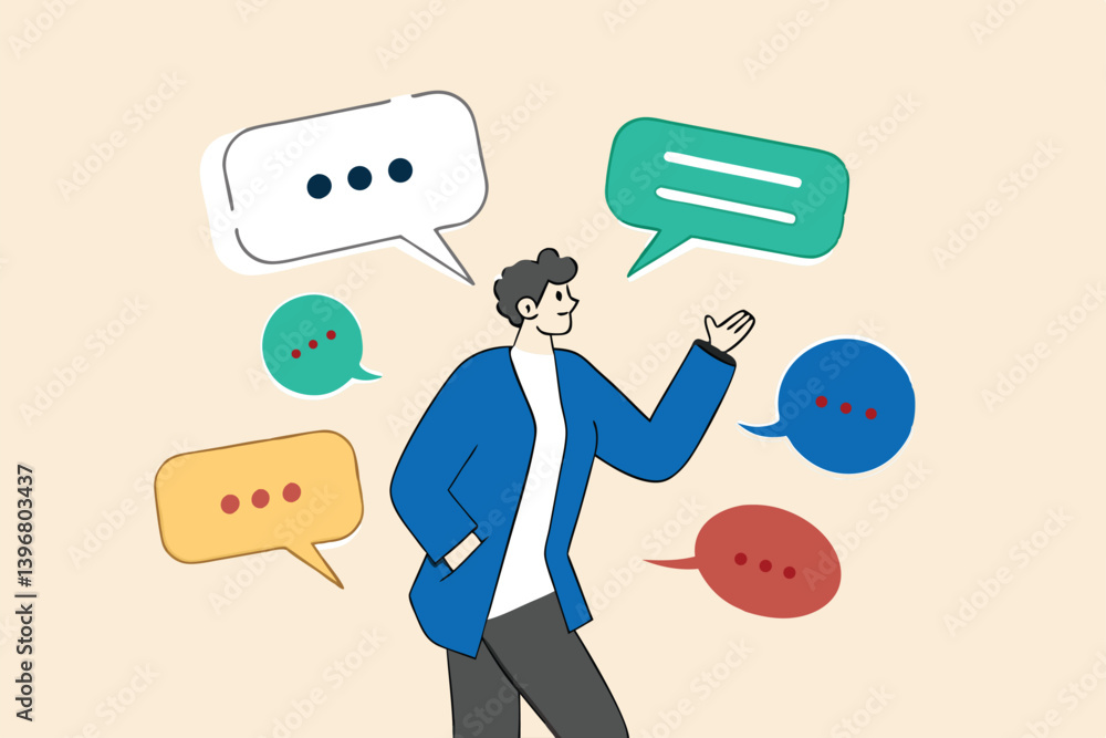 Verbal or oral communication skill, storytelling or explanation, public speaking, talking or discussion, telling message or speech concept, confidence businessman talking with multiple speech bubbles. Verbal or oral communication skill, storytelling or explanation, public speaking, talking or discussion, telling message or speech concept, confidence businessman talking with multiple speech bubbles.