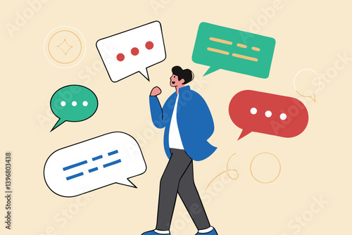 Verbal or oral communication skill, storytelling or explanation, public speaking, talking or discussion, telling message or speech concept, confidence businessman talking with multiple speech bubbles.