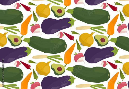 Seamless pattern featuring various colorful vegetables such as eggplants, carrots, zucchinis, and avocados. Perfect for kitchen decor, recipe books, and food packaging designs.