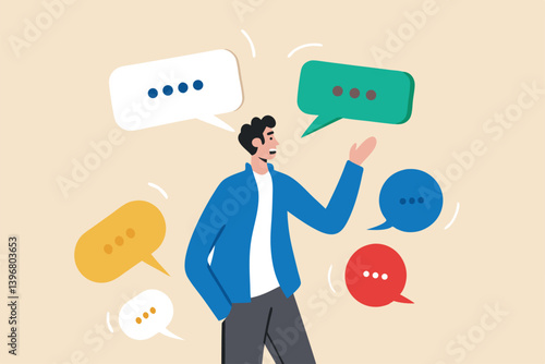 Verbal or oral communication skill, storytelling or explanation, public speaking, talking or discussion, telling message or speech concept, confidence businessman talking with multiple speech bubbles.