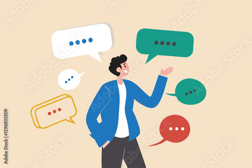 Verbal or oral communication skill, storytelling or explanation, public speaking, talking or discussion, telling message or speech concept, confidence businessman talking with multiple speech bubbles.