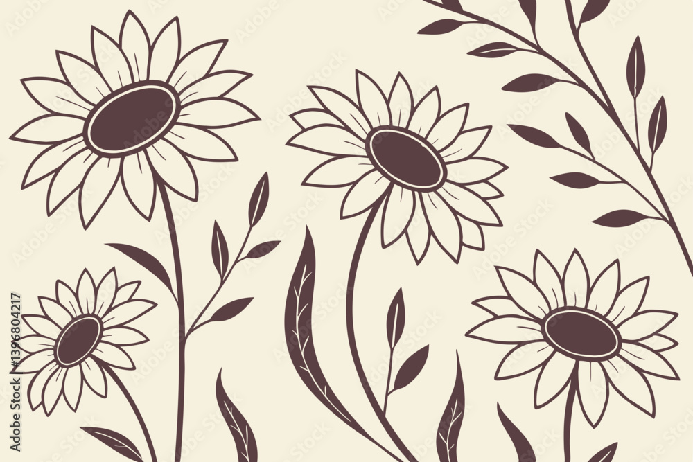 Hand drawn sunflower silhouette floral pattern with botanical leaves, nature-inspired vector design for decorative art, backgrounds, or rustic home decor themes Hand drawn sunflower silhouette floral pattern with botanical leaves, nature-inspired vector design for decorative art, backgrounds, or rustic home decor themes