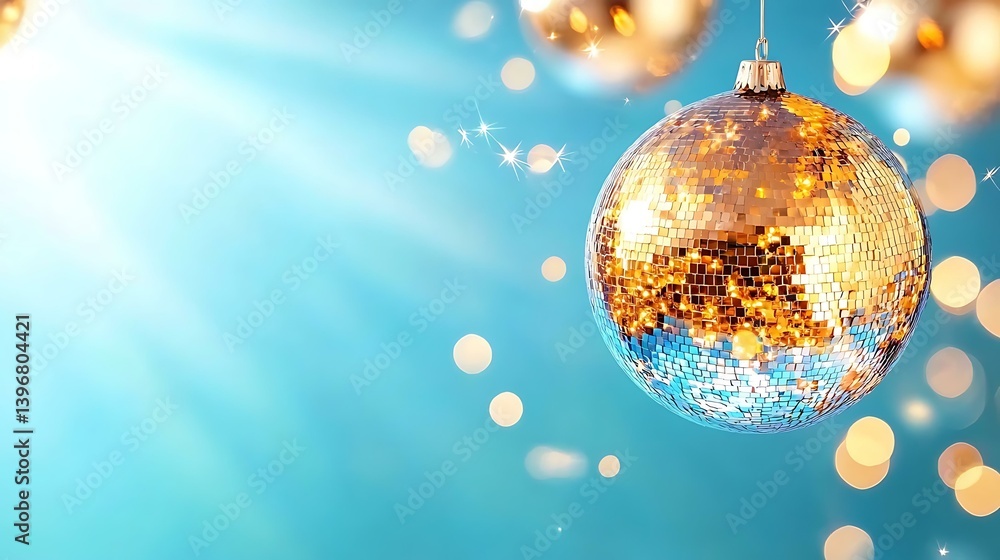 Shimmering Disco Ball Hanging Against a Soft Blue Background Shimmering Disco Ball Hanging Against a Soft Blue Background