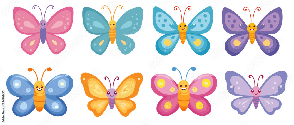 set of cartoon butterflys with smile face vector icon design
