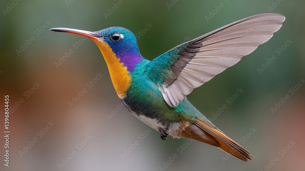 Fototapeta premium Colorful hummingbird is flying in the air. The bird is blue, yellow, and orange