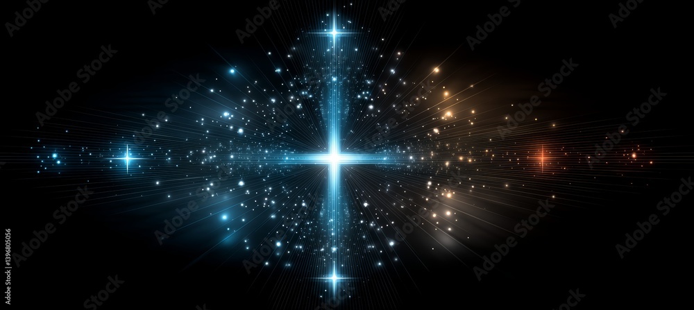 Blue light star Jesus Cross symbol on dark space. Religion faith worship spirituality concept. Generative AI technology.