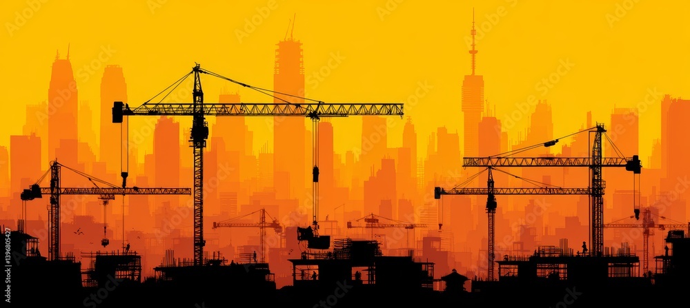 Silhouette building tower construction project and tower crane. Real estate property project. Generative AI technology.