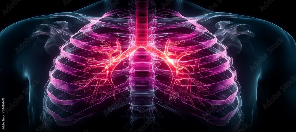 Lungs x-ray visual with pneumonia pain red diagnosis. Human science anatomy. Generative AI technology.