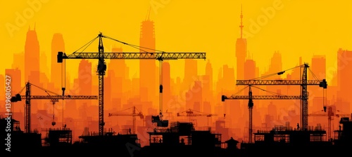 Obraz na płótnie Silhouette building tower construction project and tower crane. Real estate property project. Generative AI technology. w salonie