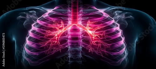 Lungs x-ray visual with pneumonia pain red diagnosis. Human science anatomy. Generative AI technology.	

