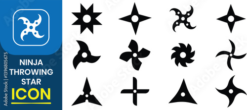 Ninja throwing star icon vector set. Silhouette of ninja throwing shuriken star icon set. Shuriken, Japanese concealed weapon of sharpened metal throwing stars. Vector illustration.
