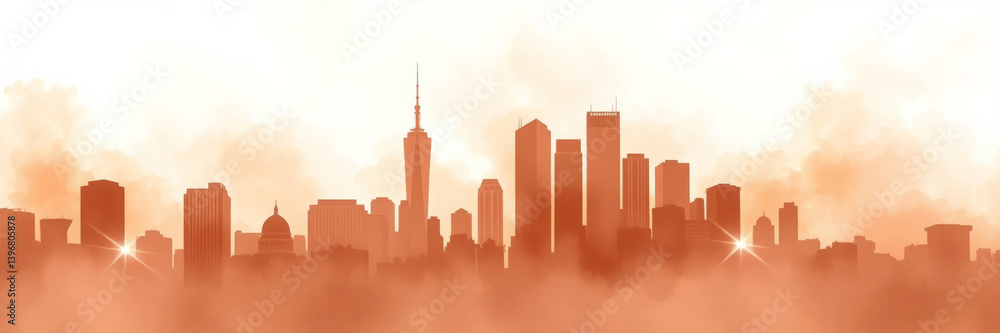 Fototapeta premium Silhouette of city skyline against orange background
