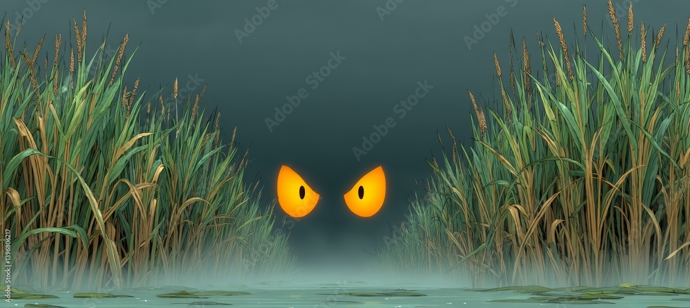 Cartoon glowing eyes figure on night bush. Horror creepy haunted background. Generative AI technology.
