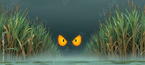 Obraz na płótnie Cartoon glowing eyes figure on night bush. Horror creepy haunted background. Generative AI technology.
w salonie