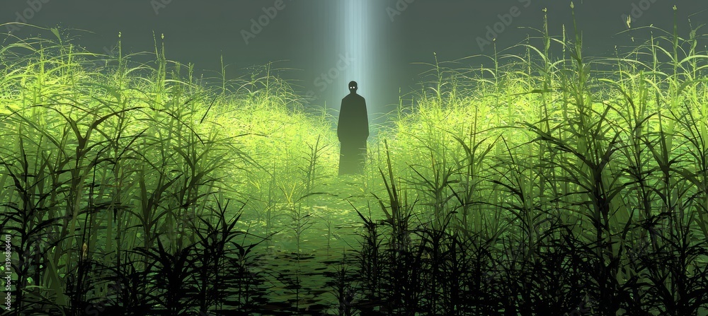 silhouette of alien on tall grass field with shiny light. Horror creepy haunted background. Generative AI technology.