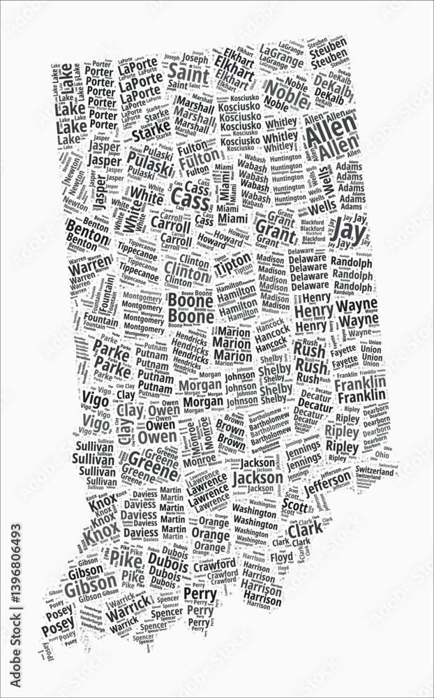 Naklejka premium Indiana Text Style Counties. State region names word clouds in the English language. Elegant vector illustration.