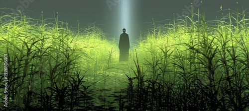 Obraz na płótnie silhouette of alien on tall grass field with shiny light. Horror creepy haunted background. Generative AI technology.
w salonie