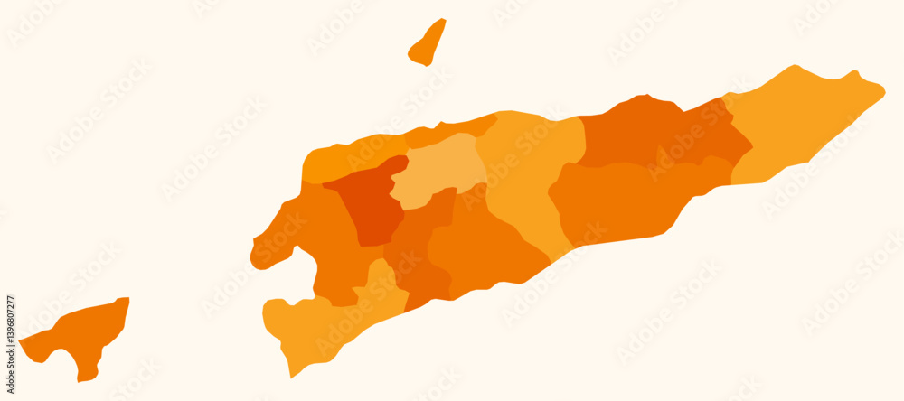 Map of Timor-Leste with regions. Just a simple country border map with region division. Orange color palette. Blank Timor-Leste shape with administrative division. Vector illustration. Map of Timor-Leste with regions. Just a simple country border map with region division. Orange color palette. Blank Timor-Leste shape with administrative division. Vector illustration.