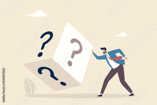 Random or chance to win, gamble, risk management or analyze opportunity, prediction or forecast future, unknown or uncertain concept, businessman with magnifying glass analyze dice with question mark.