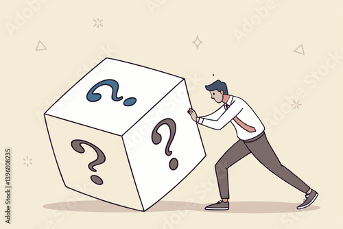 Random or chance to win, gamble, risk management or analyze opportunity, prediction or forecast future, unknown or uncertain concept, businessman with magnifying glass analyze dice with question mark.