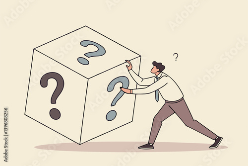 Random or chance to win, gamble, risk management or analyze opportunity, prediction or forecast future, unknown or uncertain concept, businessman with magnifying glass analyze dice with question mark.