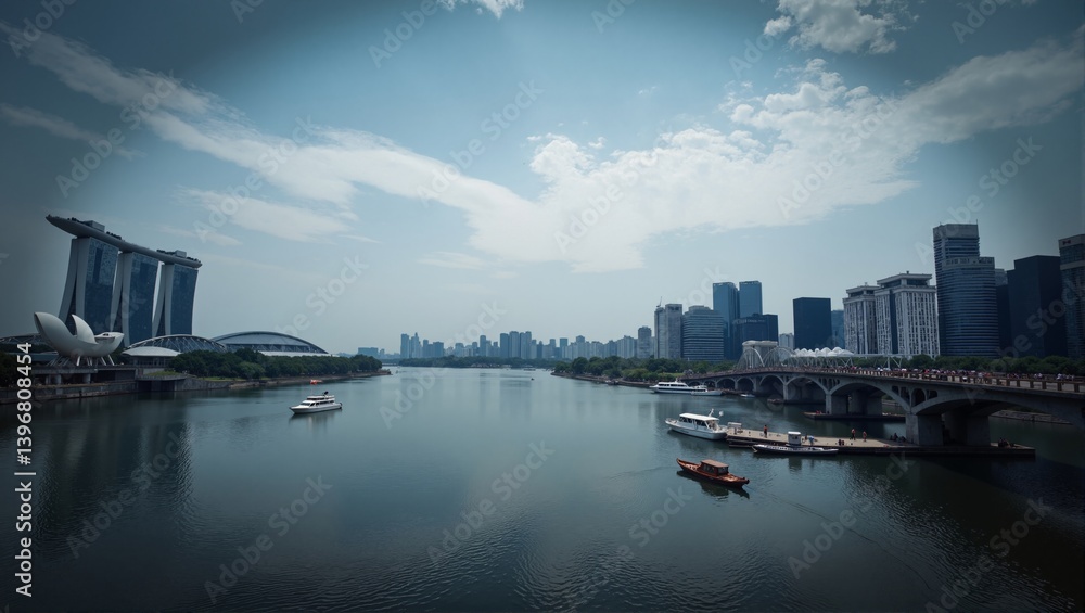 Naklejka premium Singapore Marina Bay Views featuring panoramic skyline, calm river, boats, bridge, people walking. Concept of Singapore Marina Bay Views, showcasing tranquil landscape.
