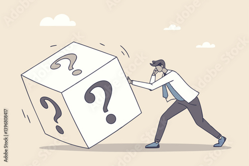 Random or chance to win, gamble, risk management or analyze opportunity, prediction or forecast future, unknown or uncertain concept, businessman with magnifying glass analyze dice with question mark.