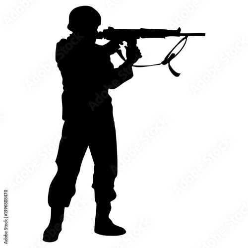 Silhouette of a soldier aiming a submachine gun. Military illustration for security and defense themes.