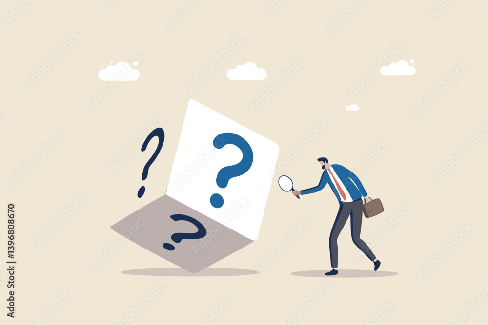 Random or chance to win, gamble, risk management or analyze opportunity, prediction or forecast future, unknown or uncertain concept, businessman with magnifying glass analyze dice with question mark. Random or chance to win, gamble, risk management or analyze opportunity, prediction or forecast future, unknown or uncertain concept, businessman with magnifying glass analyze dice with question mark.