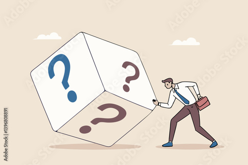 Random or chance to win, gamble, risk management or analyze opportunity, prediction or forecast future, unknown or uncertain concept, businessman with magnifying glass analyze dice with question mark.