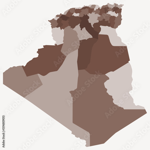 Map of Algeria with regions. Just a simple country border map with region division. Brown color palette. Plain People's Democratic Republic of Algeria shape with administrative division.