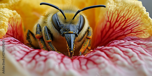 A bee covered in pollen nestled in a flower with yellow and red petals close-up view