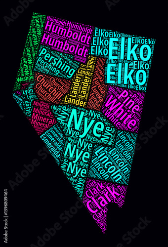 Nevada Word Cloud. Bright neon style design on dark background. Region names text cloud. Boundary shape with administrative division. Elegant vector illustration.