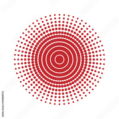 Red circle of dots. Spiral isolated on white or transparent background. Vector illustration. Closeup element for abstract design decoration. Flash and explosion of color. Hypnotic vortex.