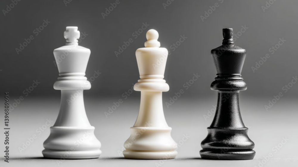 Three chess pieces, one white, one black, and one gray, are arranged in a row on a table. The white piece is positioned in the middle, with the black and gray pieces on either side Three chess pieces, one white, one black, and one gray, are arranged in a row on a table. The white piece is positioned in the middle, with the black and gray pieces on either side
