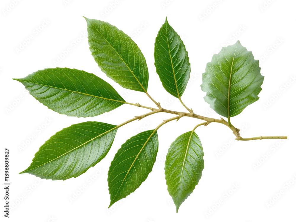 Fresh Green Leaves on Organic Stem Isolated on White Background Fresh Green Leaves on Organic Stem Isolated on White Background