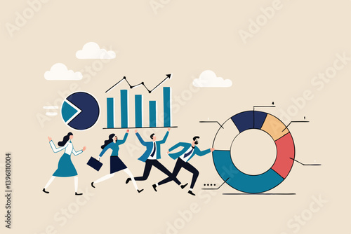 Data driven or data analysis, chart and graph report, analytics, research and optimization, big data or intelligence information, insight concept, business people carrying bar graph and pie chart.