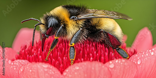 A bee sits atop a bright red flower dew drops glisten Background is out of focus green and floral