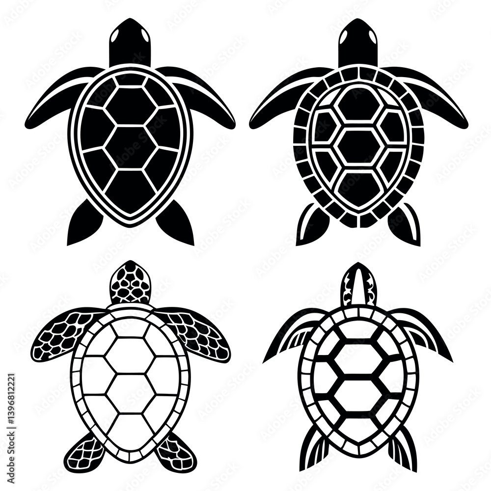 Obraz premium A collection-of-15-black-and-white-turtle-silhouet. 
