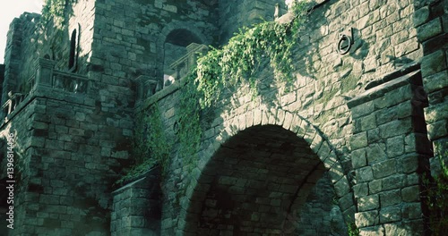 Ruins of a medieval castle surrounded by dense greenery in bright daylight